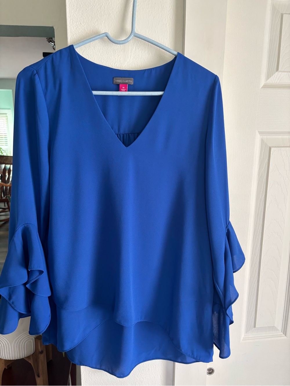 Vince Camuto Cobalt Blue V-Neck Ruffle Sleeve Blouse